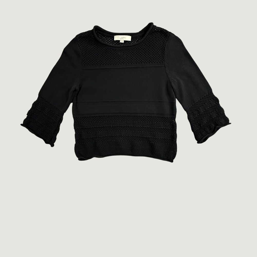 Ann Taylor Loft Black Cotton Crochet Knit Top 3/4 Bell Sleeve Sweater Medium